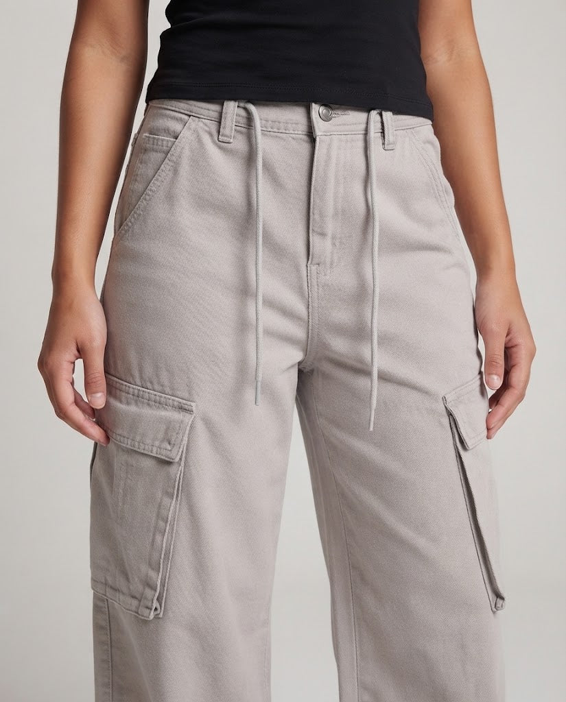 Women's Wide Cargo Palazzo Pants made of Soft Denim with Drawstring Waistband and Oversized Flap Pockets Chichicherry