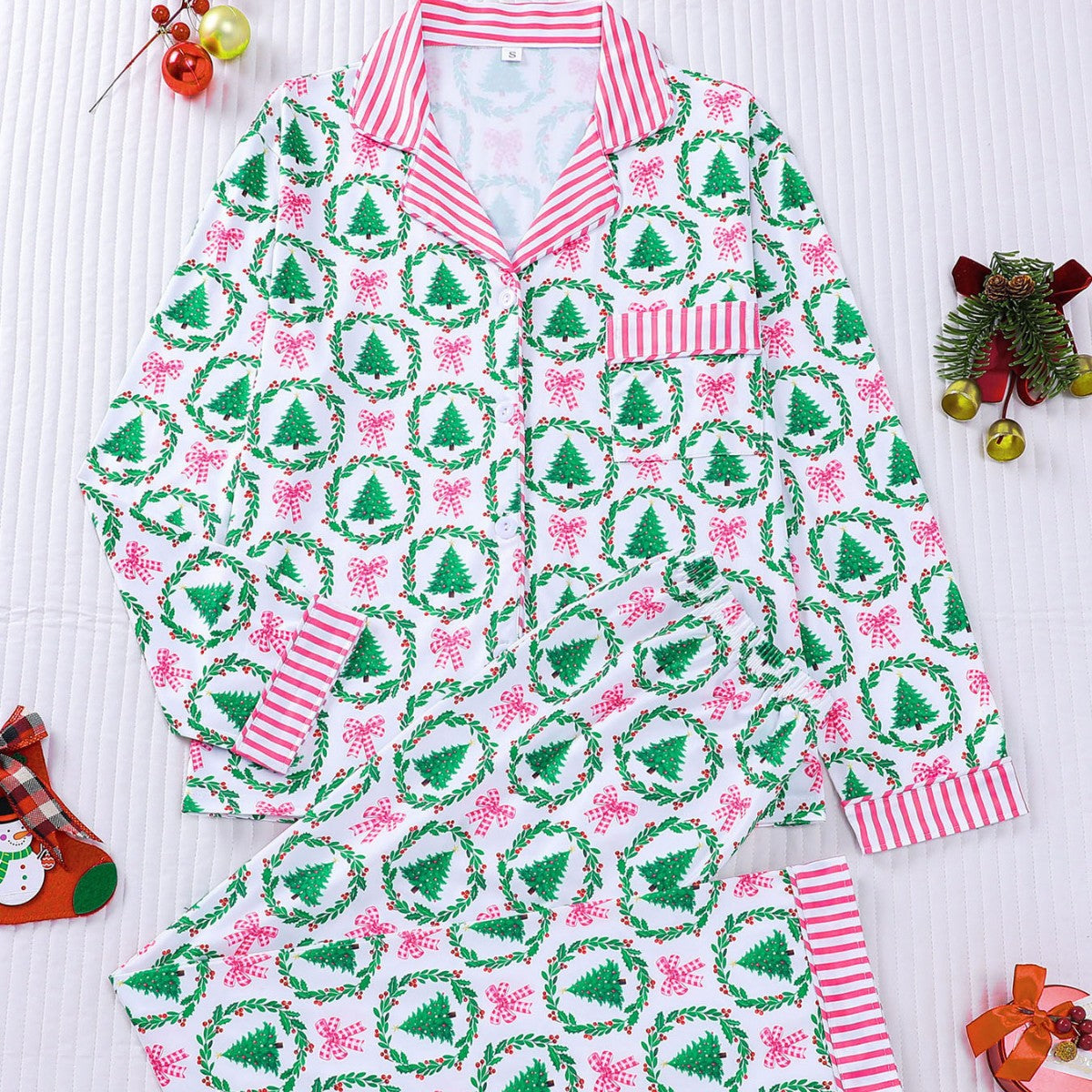 Women's Pajama Set, striped, Christmas tree print, notched collar