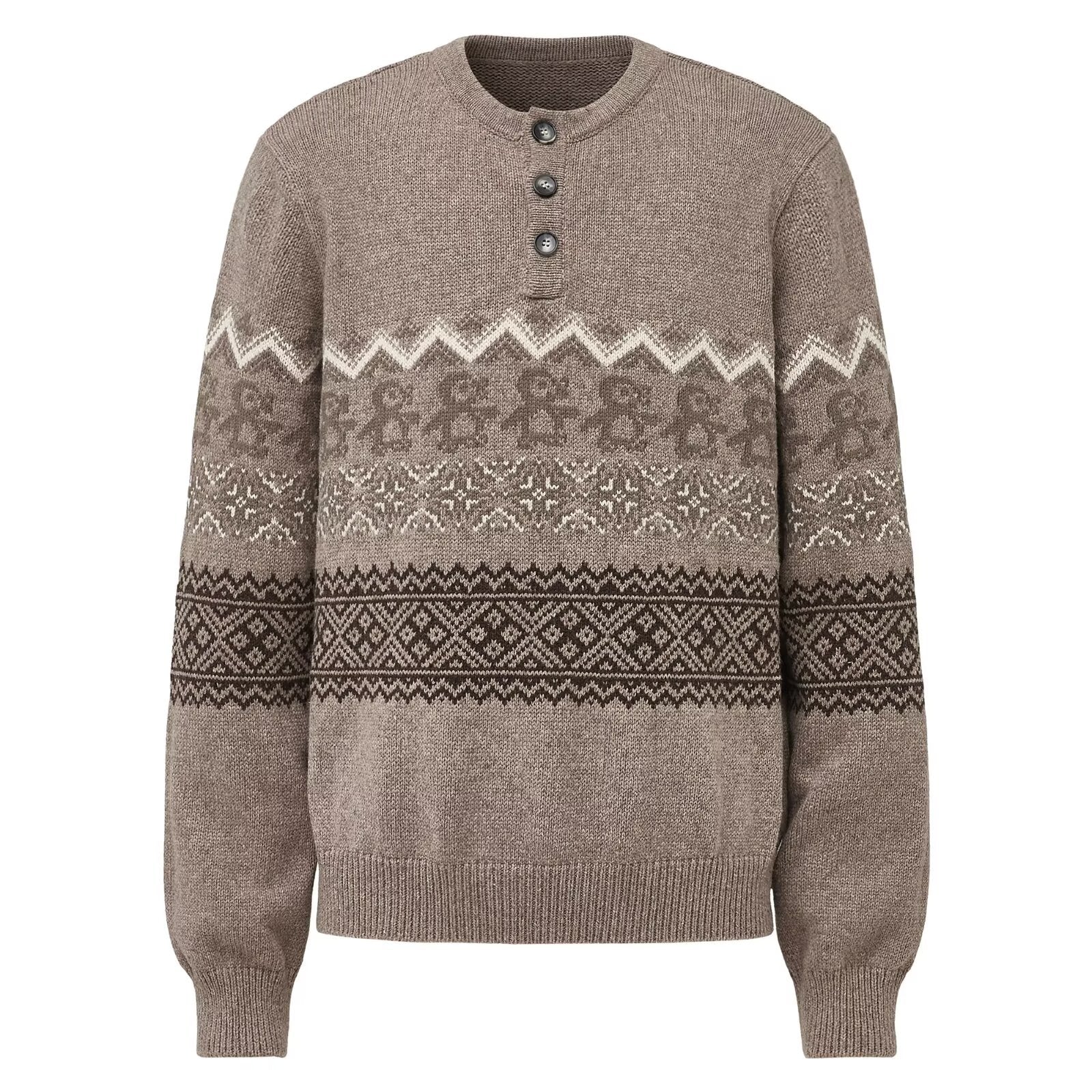 Unisex knitted sweater with fair isle pattern and button placket