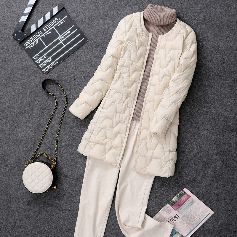 Lightweight, mid-length down jacket, collarless