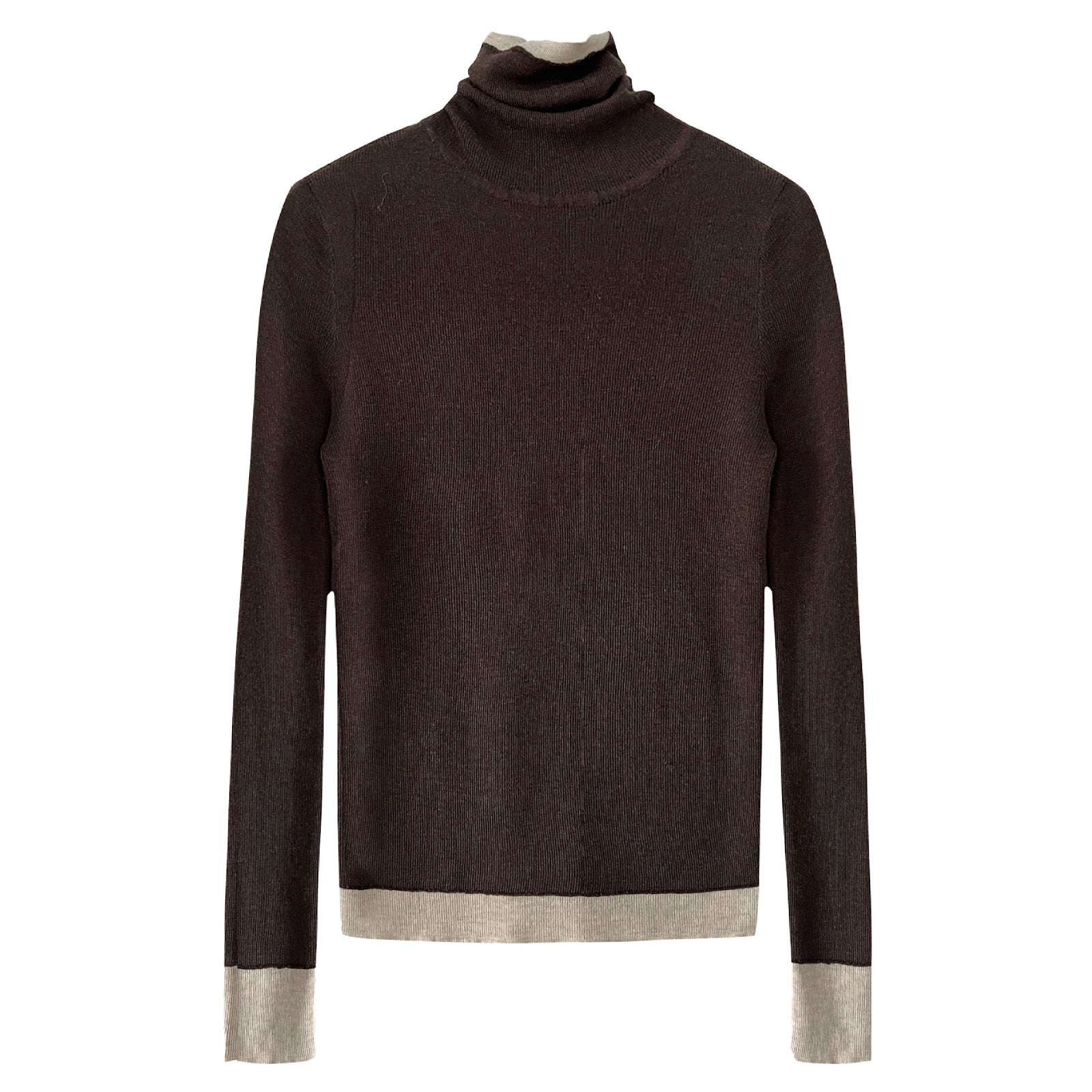 Women's knit pullover with stand-up collar and contrast details