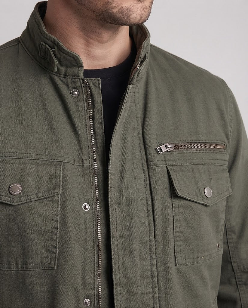 Men's canvas outdoor jacket in mechanic look with stand-up collar, chest zip and utility pockets Chichicherry