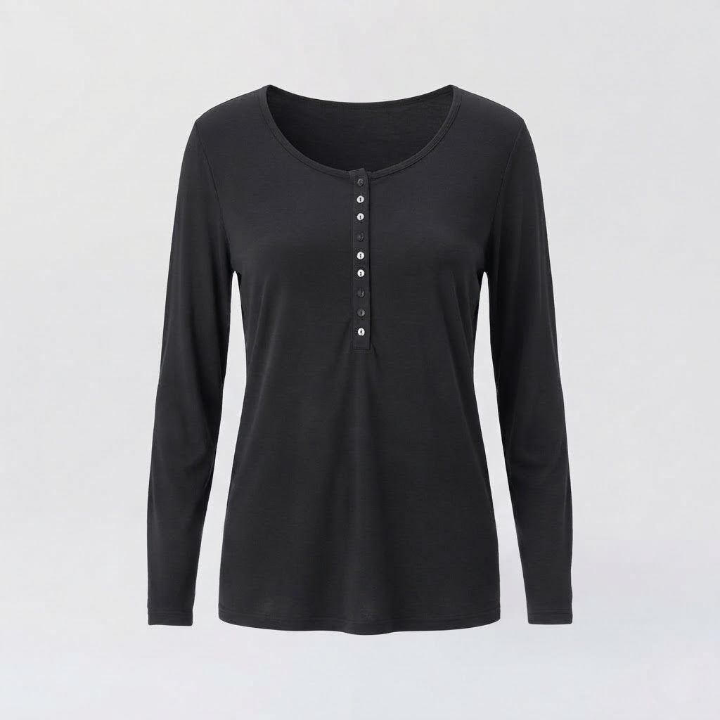 Women's Long Sleeve Henley Top made of Soft Viscose Blend with Button Placket Chichicherry
