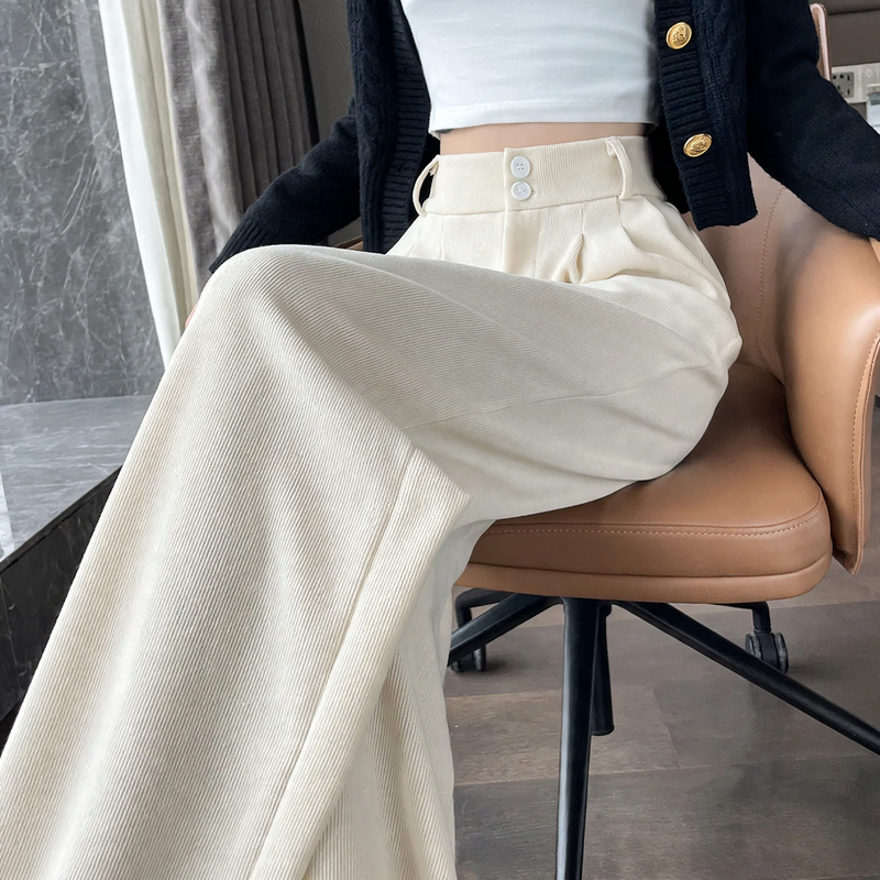 Chenille fabric trousers with high waist, straight cut