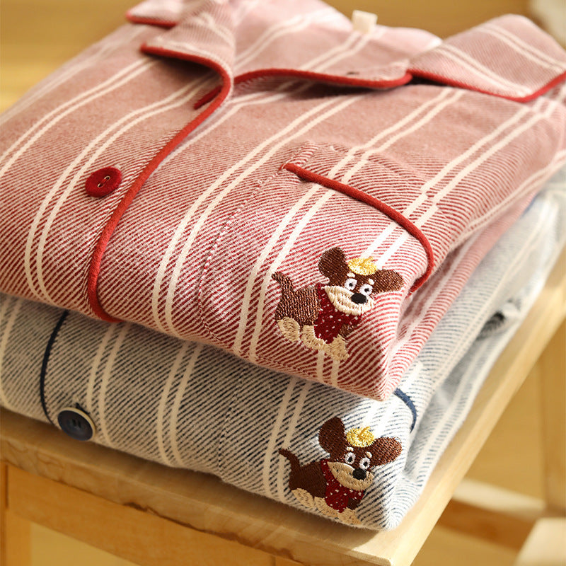 Cotton pajama set for couples, striped, embroidered