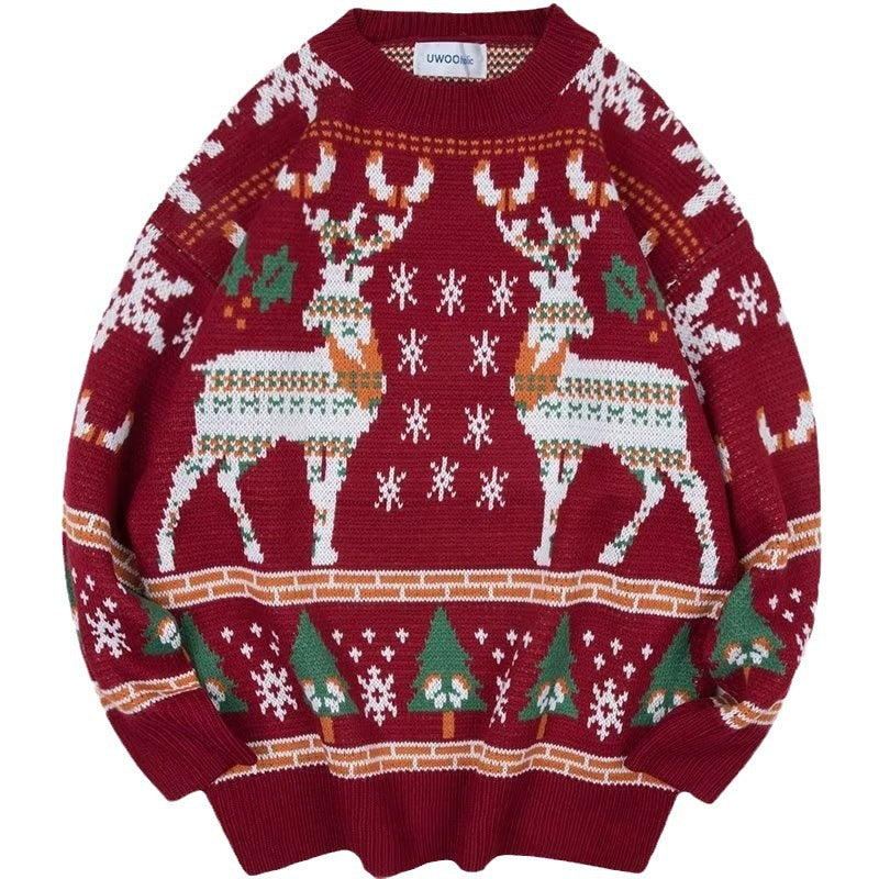 Ladies' knit sweater with reindeer embroidery