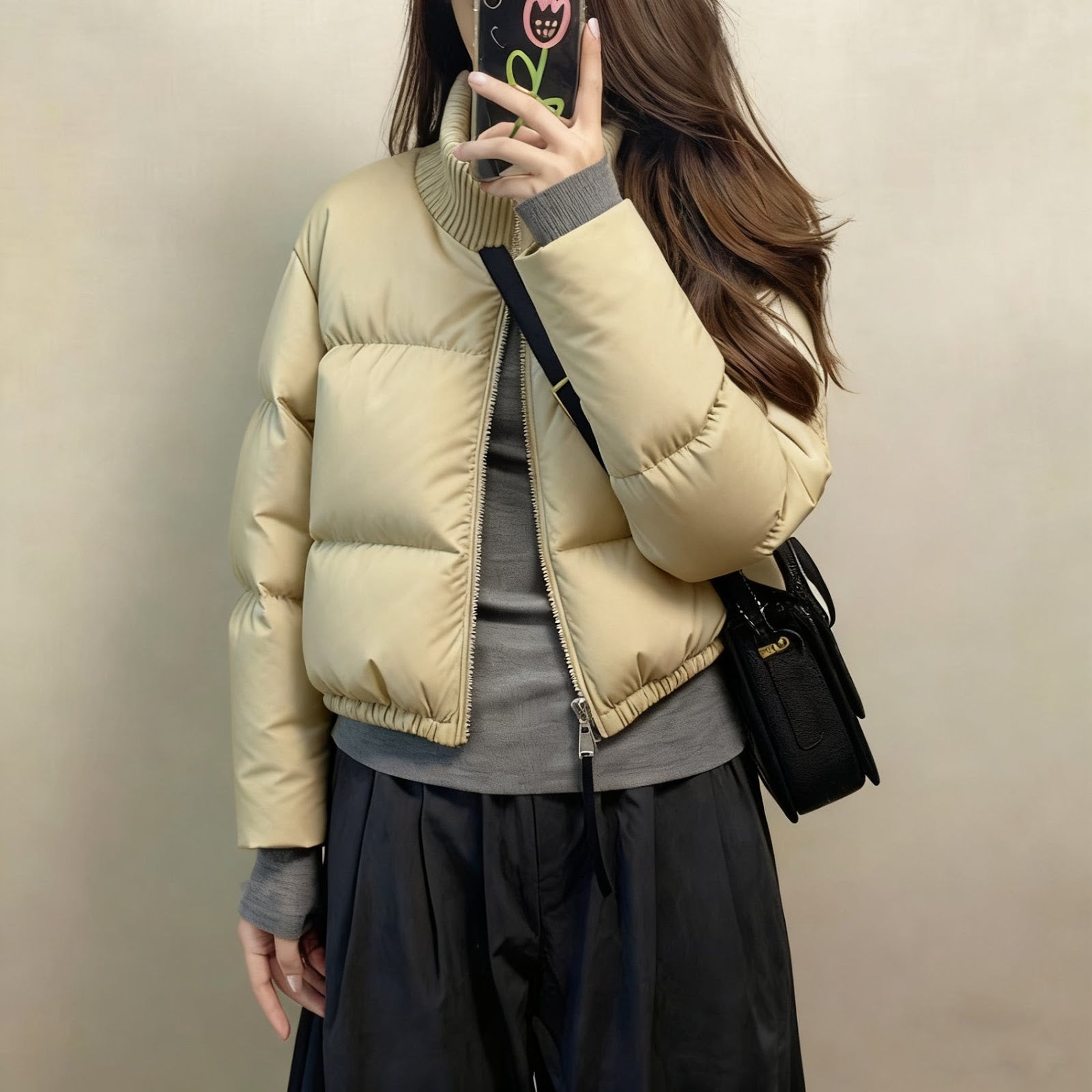 Short women's padded jacket, stand-up collar, padded