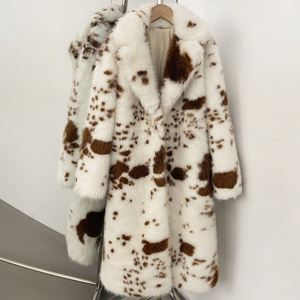 Padded faux fur coat with cow print