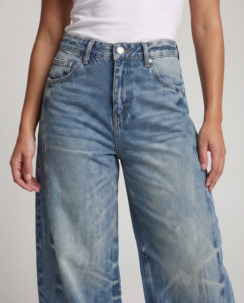 Women Ultra-Wide Denim Palazzo Pants with Balloon-Shaped Leg and Vintage Wash Chichicherry