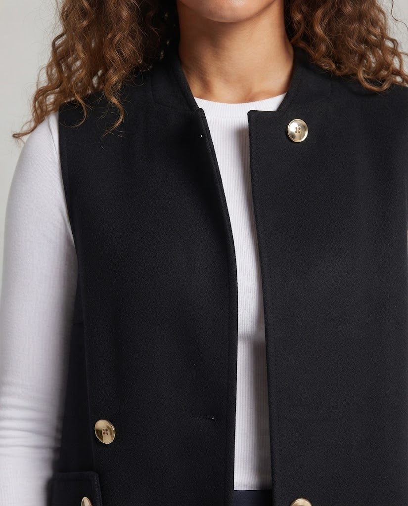Women's Sleeveless Long Wool Blend Vest with Stand-up Collar and Decorative Button Placket Chichicherry