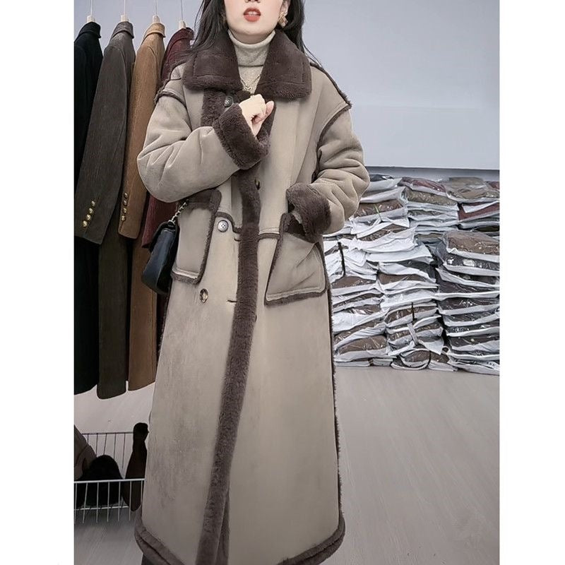 Lamb fleece coat for women, suede look, long
