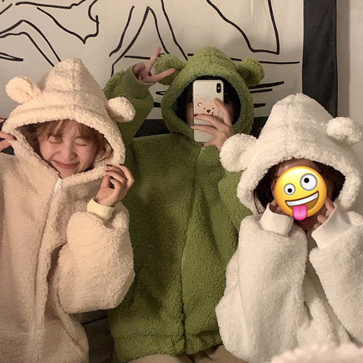 Fluffy women's jacket with hood and ear appliqué