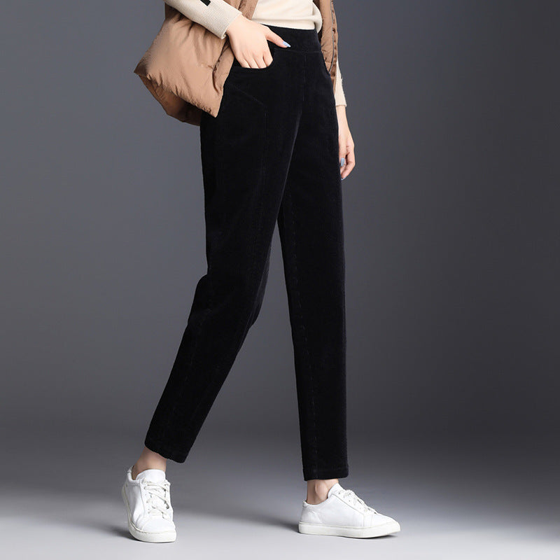 Women's corduroy pants, shortened, high waistband