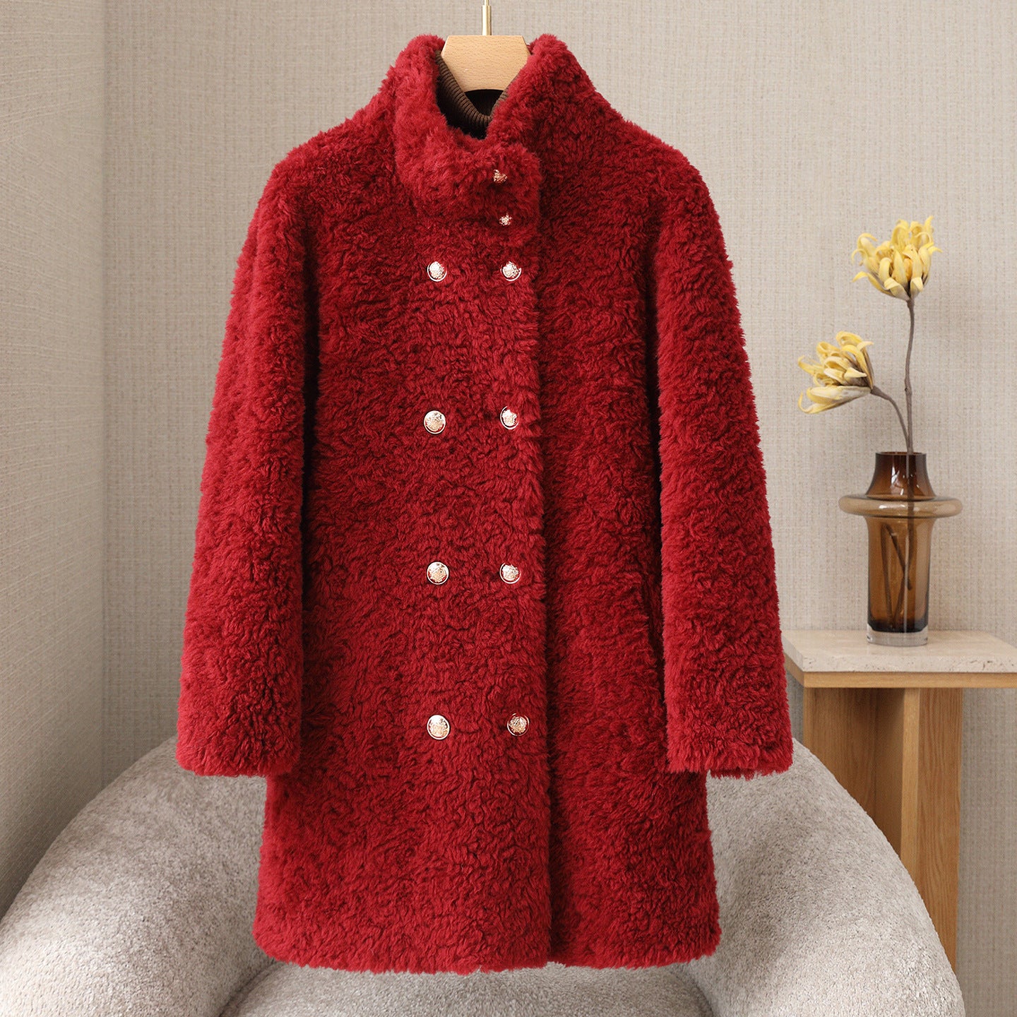 Women's wool coat with stand-up collar and double-breasted button placket