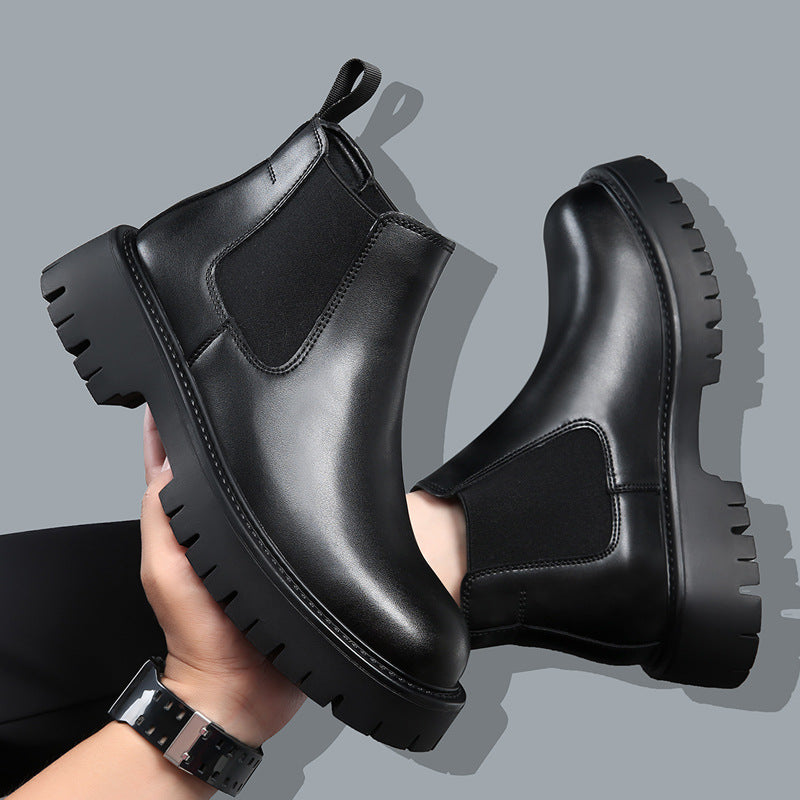Men's Ankle Boots, Leather, Mid-High Heel, Round Design