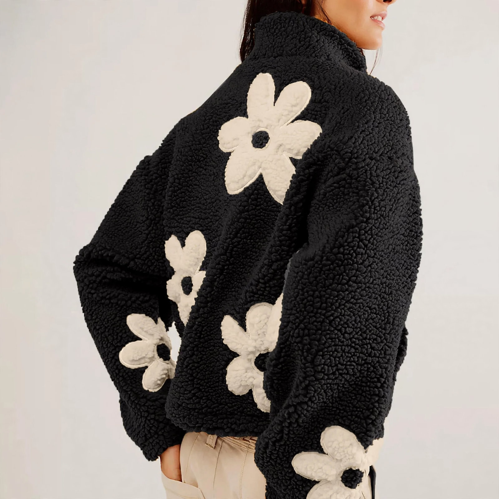Faux fur cardigan with floral embroidery