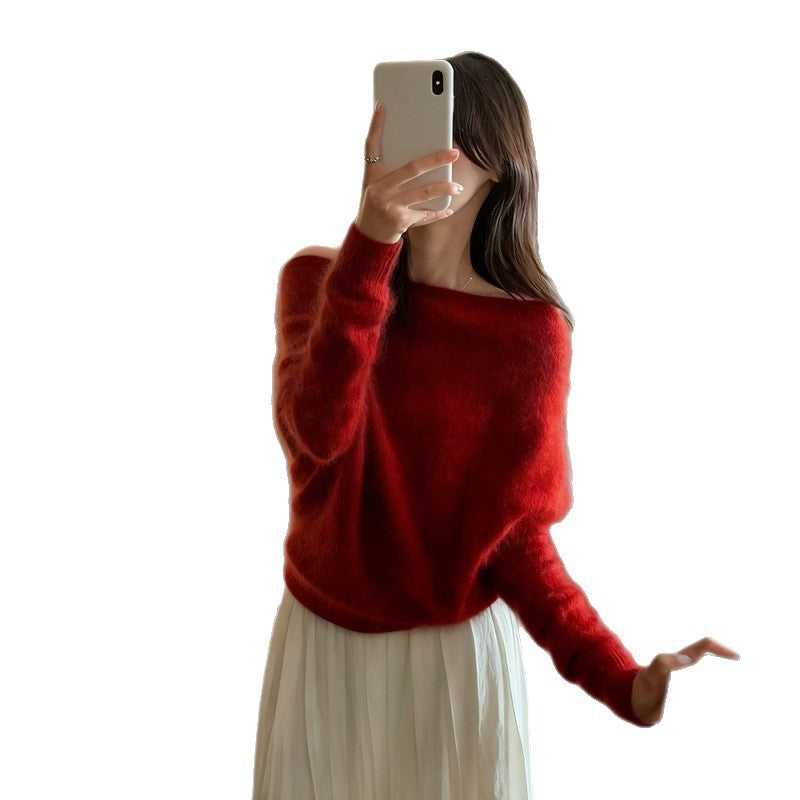 Women’s knit sweater with off-the-shoulder neckline, loose