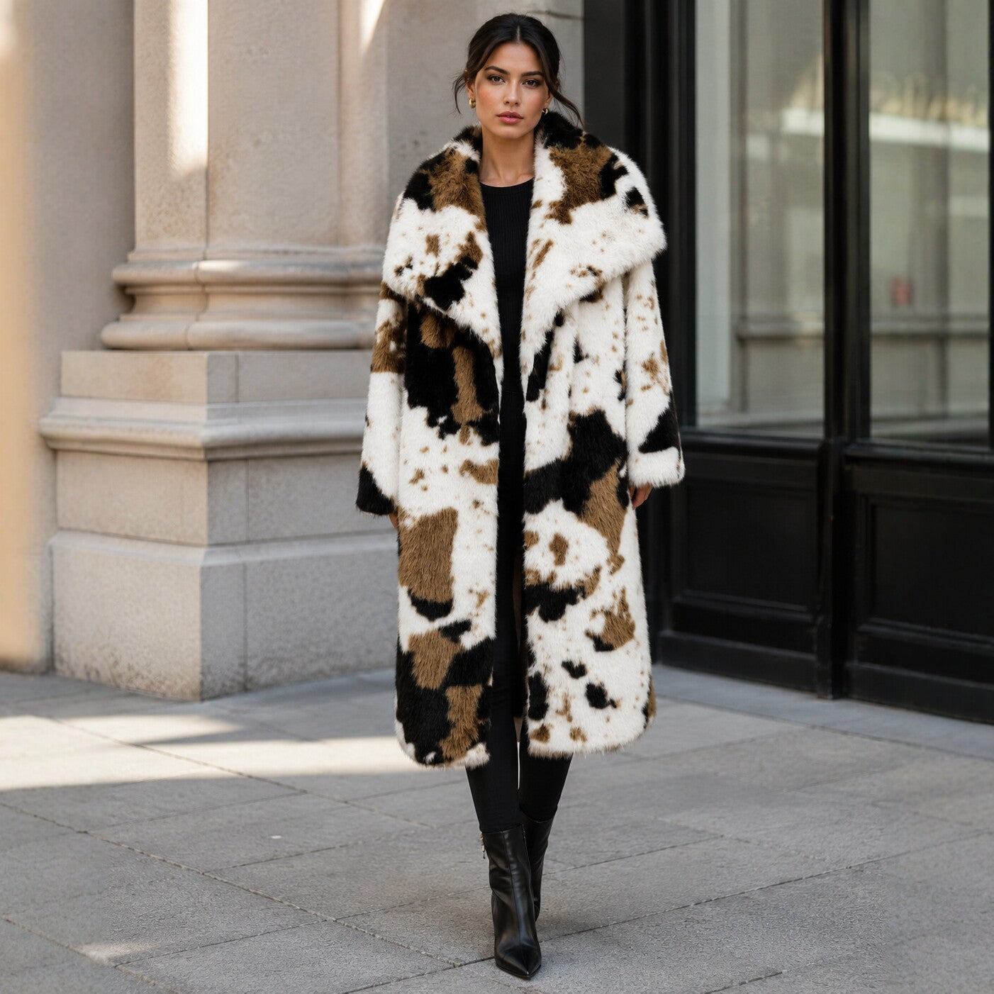 Long faux fur coat with cowhide pattern