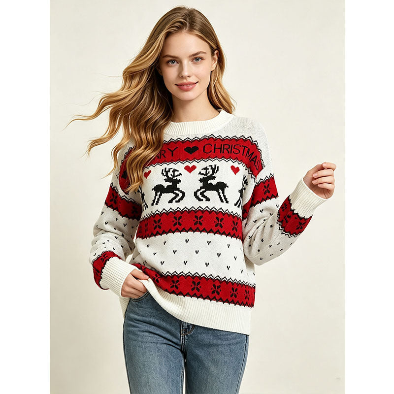 Loose Women's Christmas Sweater with Reindeer Jacquard