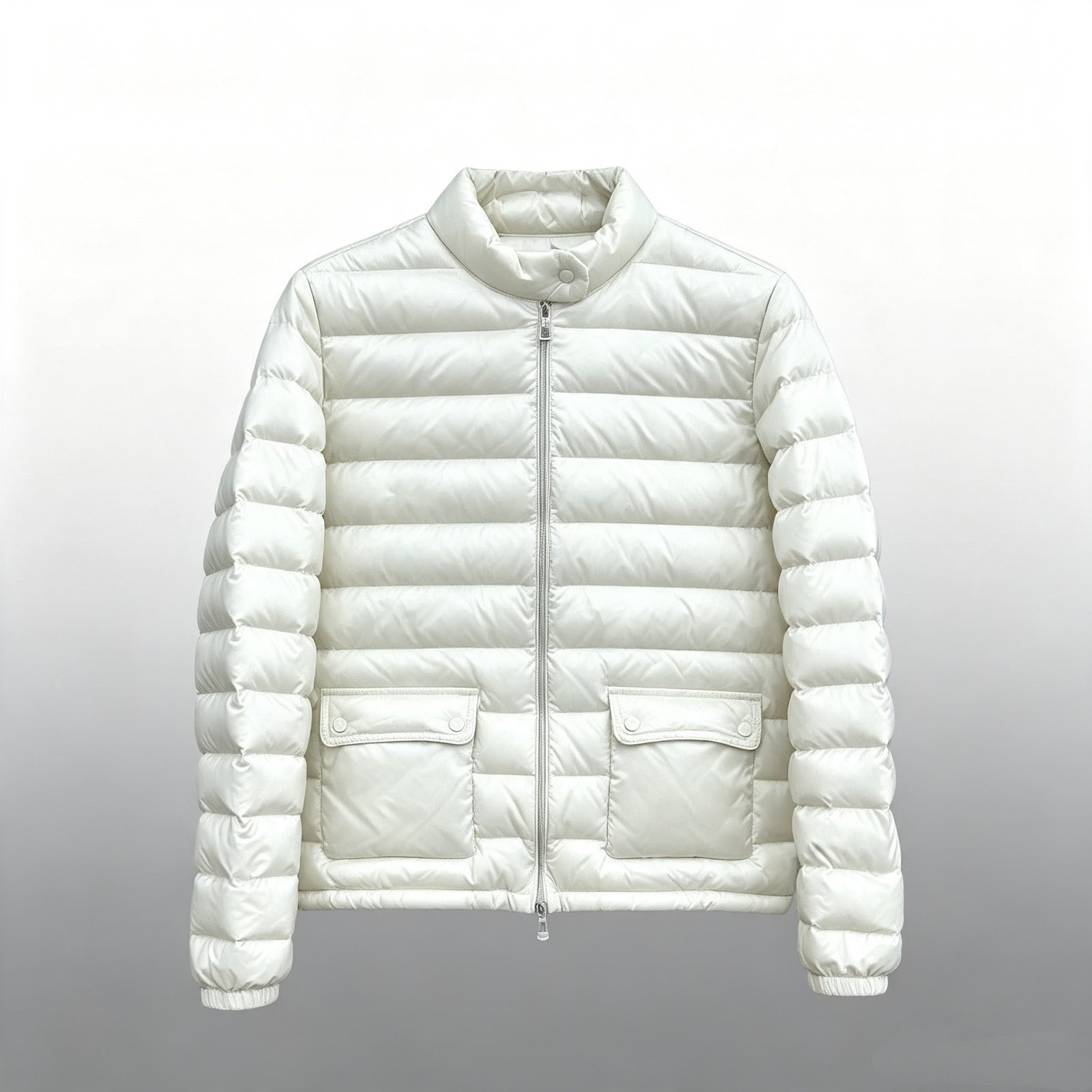 Light women's down jacket, stand-up collar, white goose down