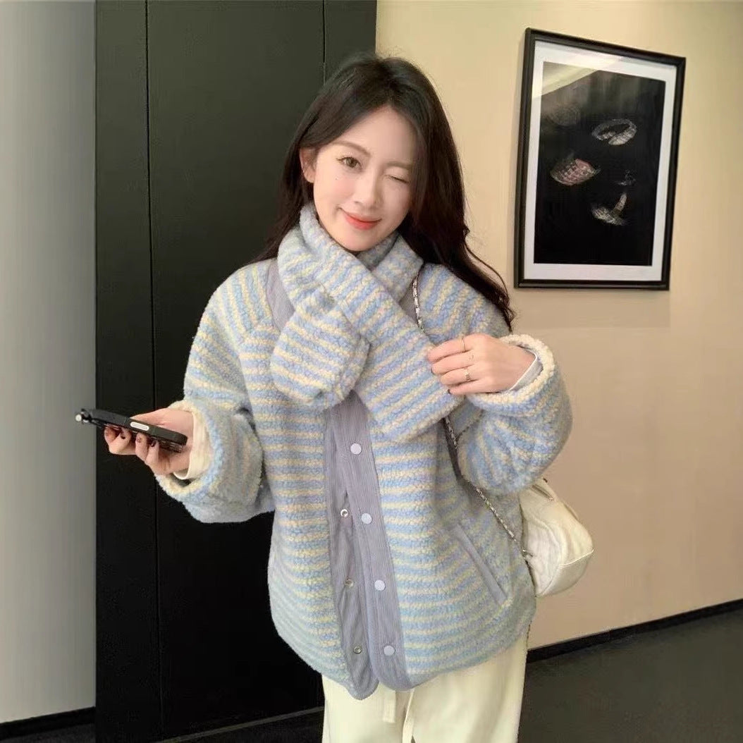 Reversible striped plush jacket, loose fit
