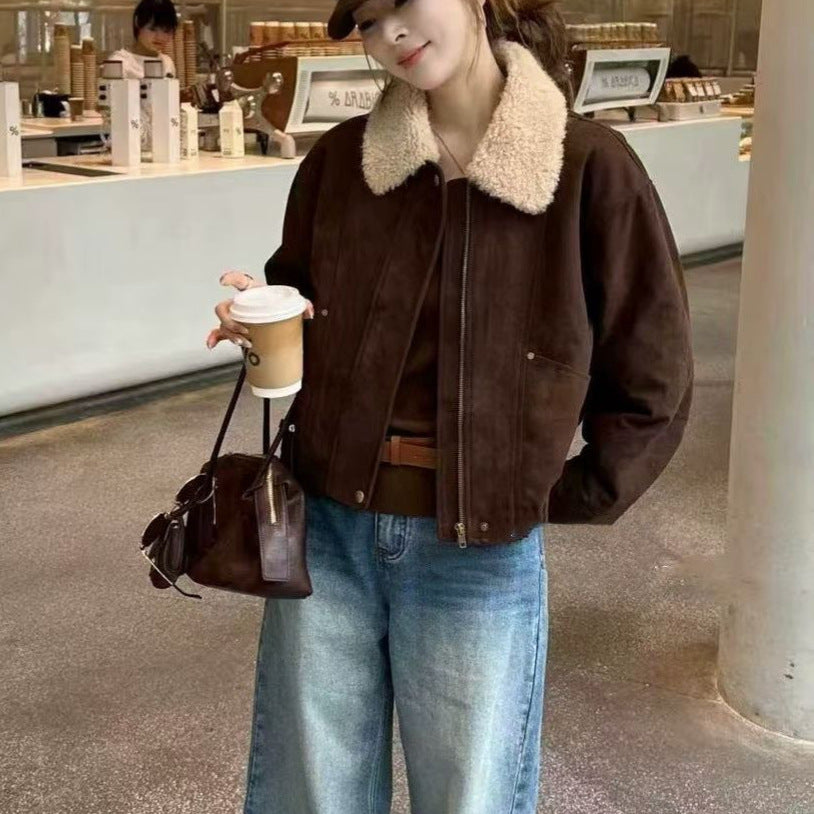 Women’s winter jacket, suede look, lambskin lining