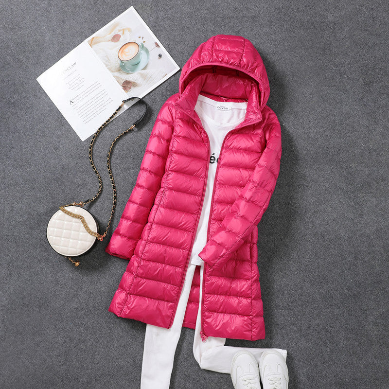 Women’s down coat, medium length, with removable hood