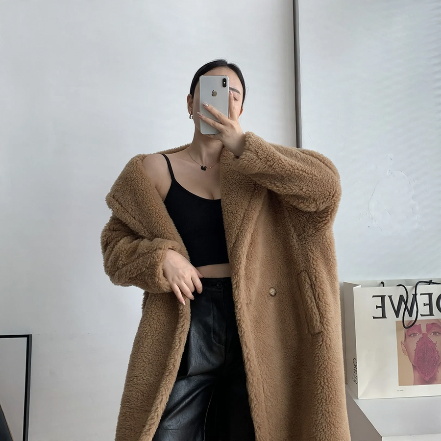 Long teddy coat made of alpaca wool blend