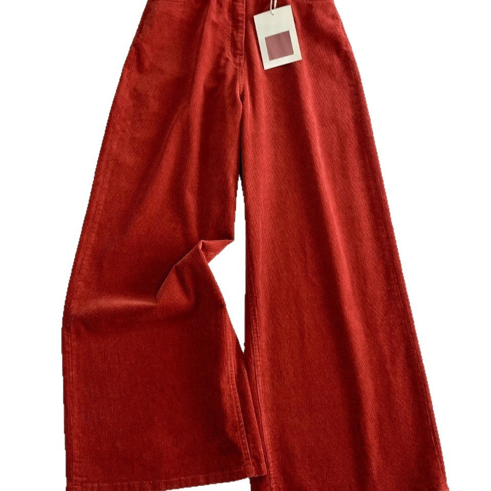 Red corduroy pants with wide leg and high waist