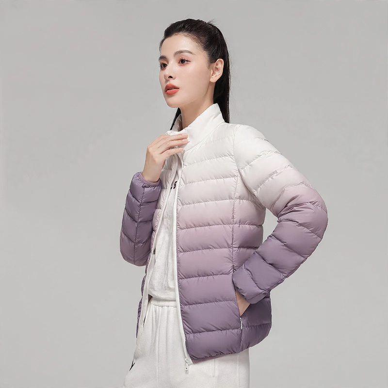 Women's down jacket, short, with stand-up collar and gradient