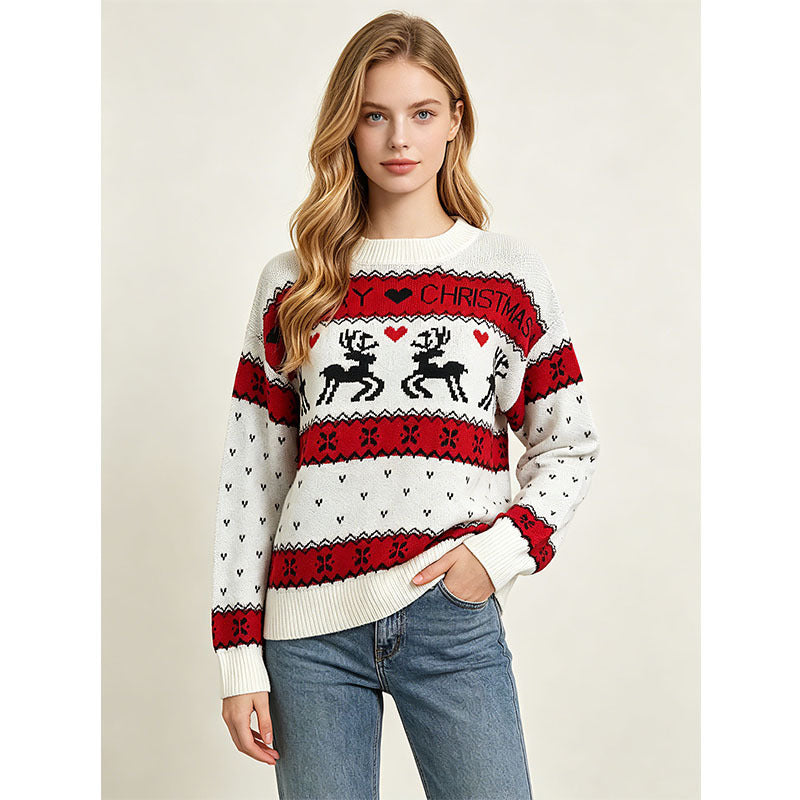 Loose Women's Christmas Sweater with Reindeer Jacquard