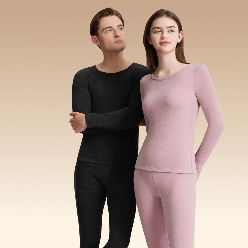 Wool Thermal Underwear Set for Couples, Round Neck