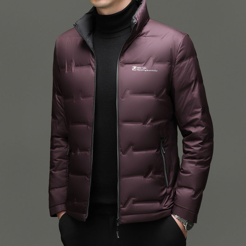 Light men's down jacket with stand-up collar