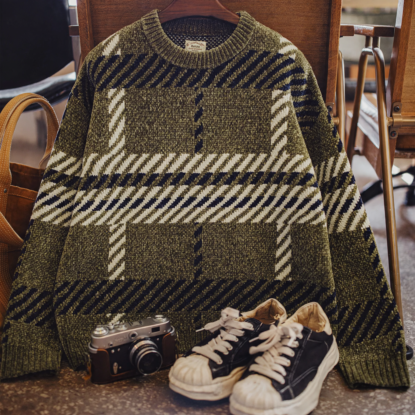 Women's knitted sweater, chenille, checkered, loose