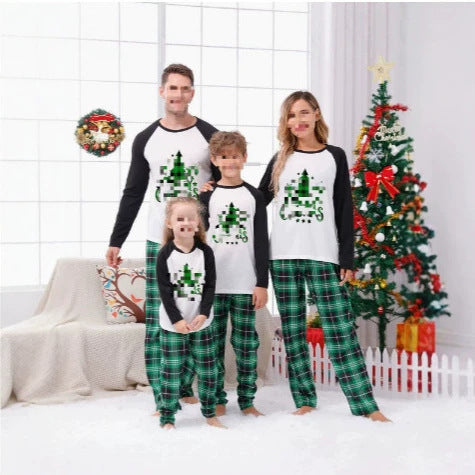Christmas Family Pajama Set with Checkered Pattern, Long Sleeves