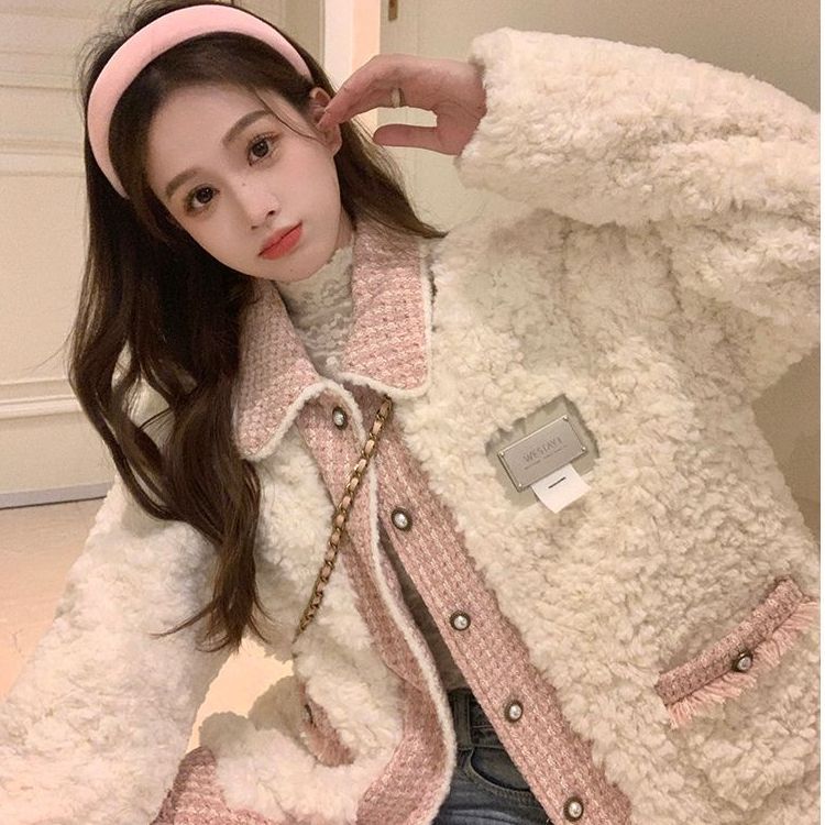 Lamb fleece jacket for women, lined, loose fit