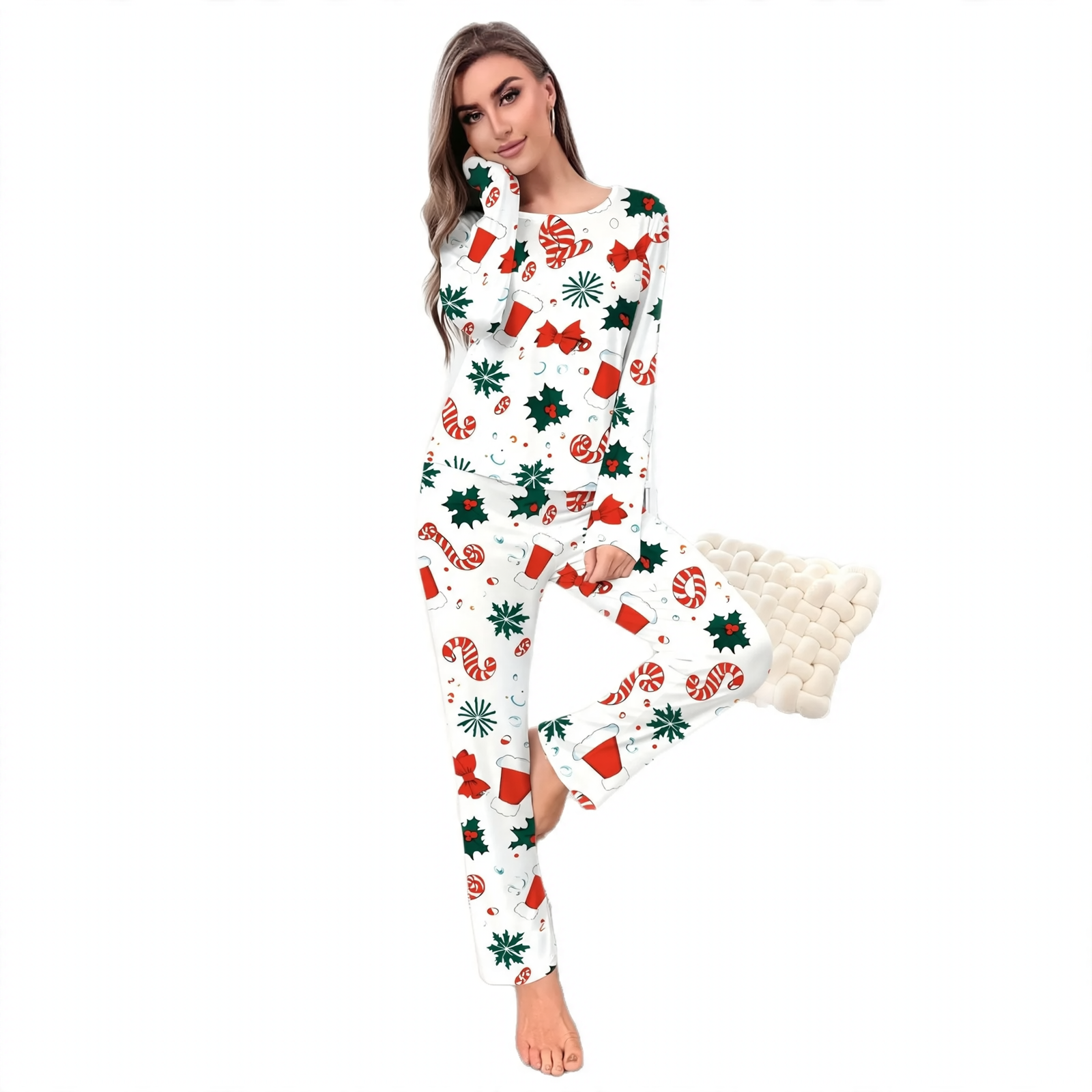 Women’s Pajama Set, Long Sleeve, Christmas Motif, Round Neck