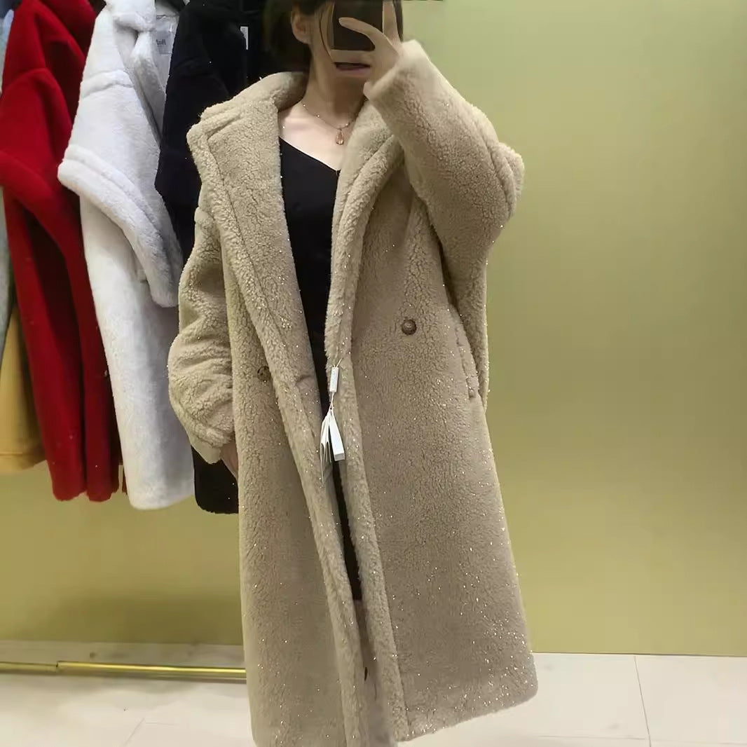 Teddy Coat with Gloss Effect, Mid-Length, Women's