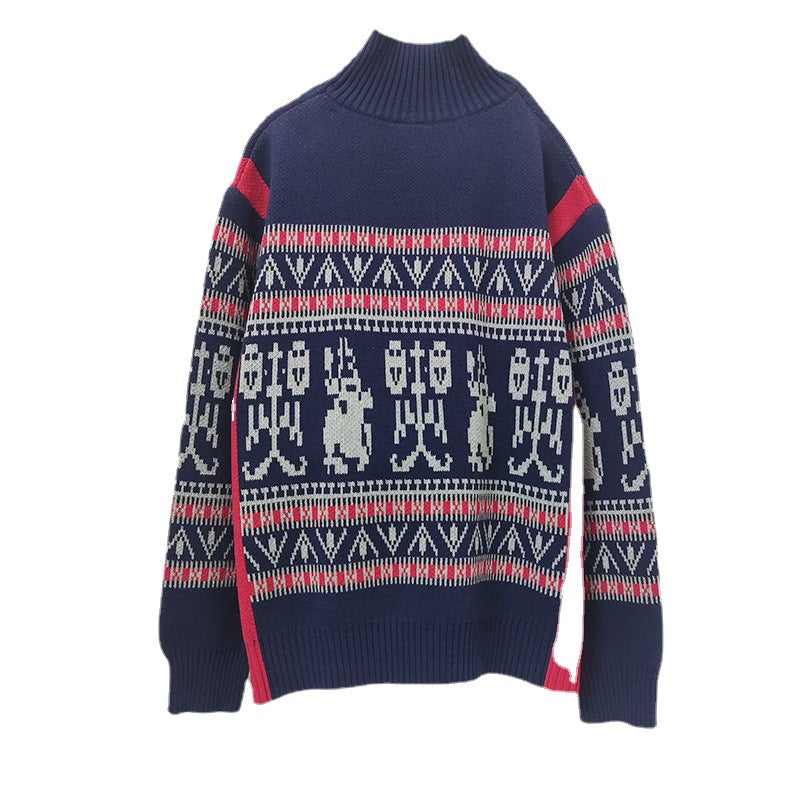 Unisex knit sweater with geometric pattern, stand collar
