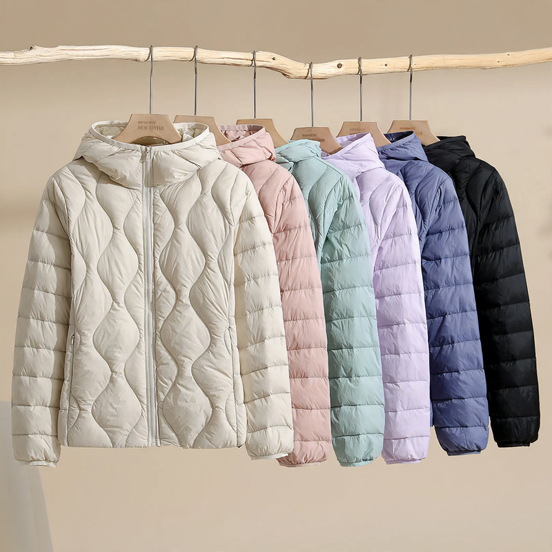 Lightweight, thin down jacket with hood for women