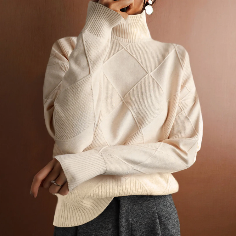 Women's knit sweater with high collar, solid color