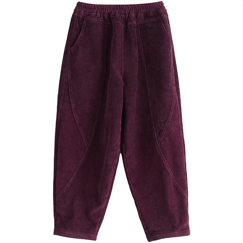 Padded women's corduroy trousers, carrot shape, plus sizes