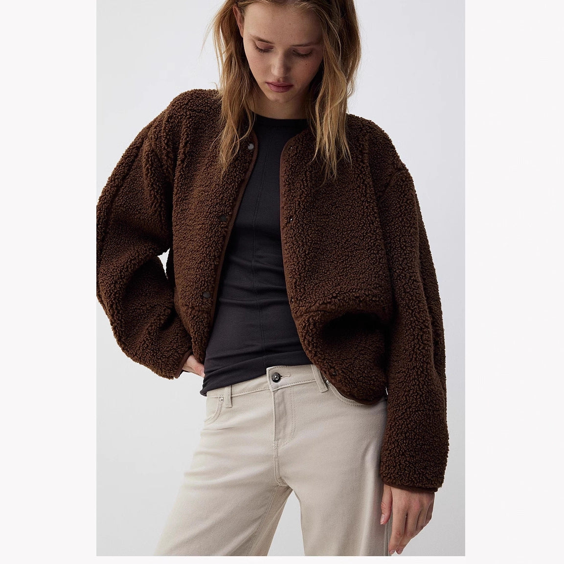 Women's Teddy Fleece Short Jacket, Round Neck