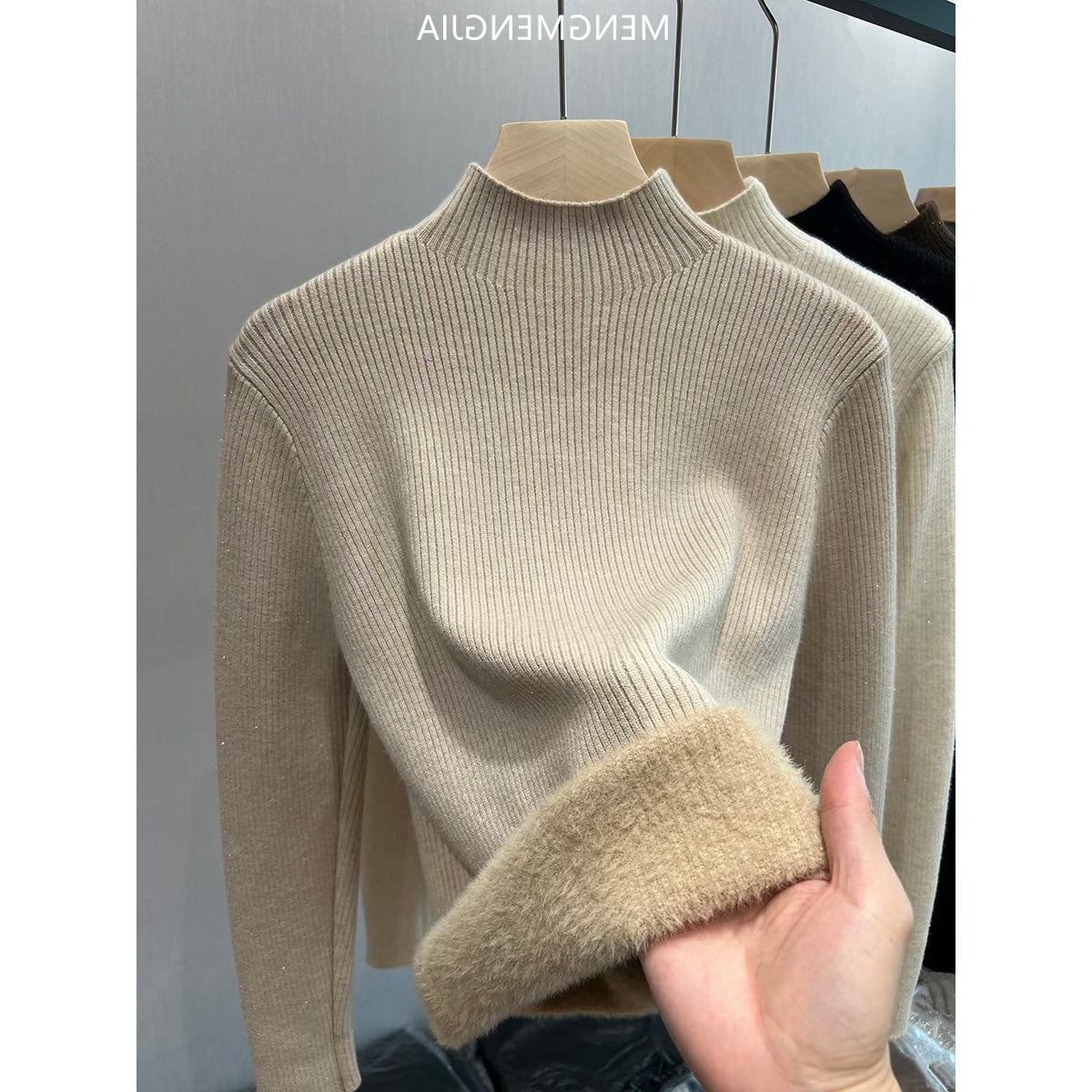 Ladies knitted sweater, lined, standing collar, warm