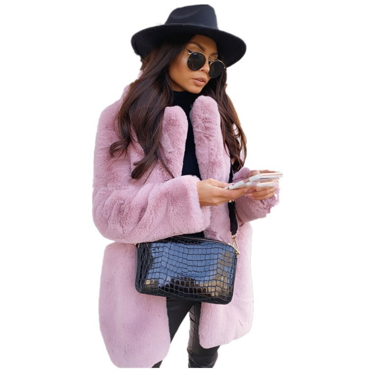 Long faux fur coat with lapel collar