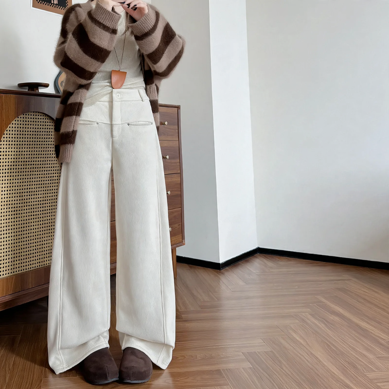 Ladies cord trousers, padded, straight cut, high waist