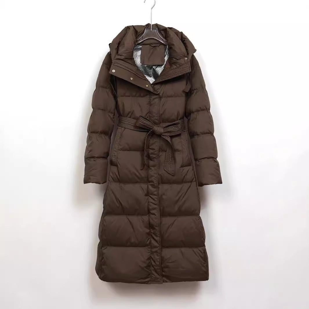 Long down coat with hood, fitted, knee-length