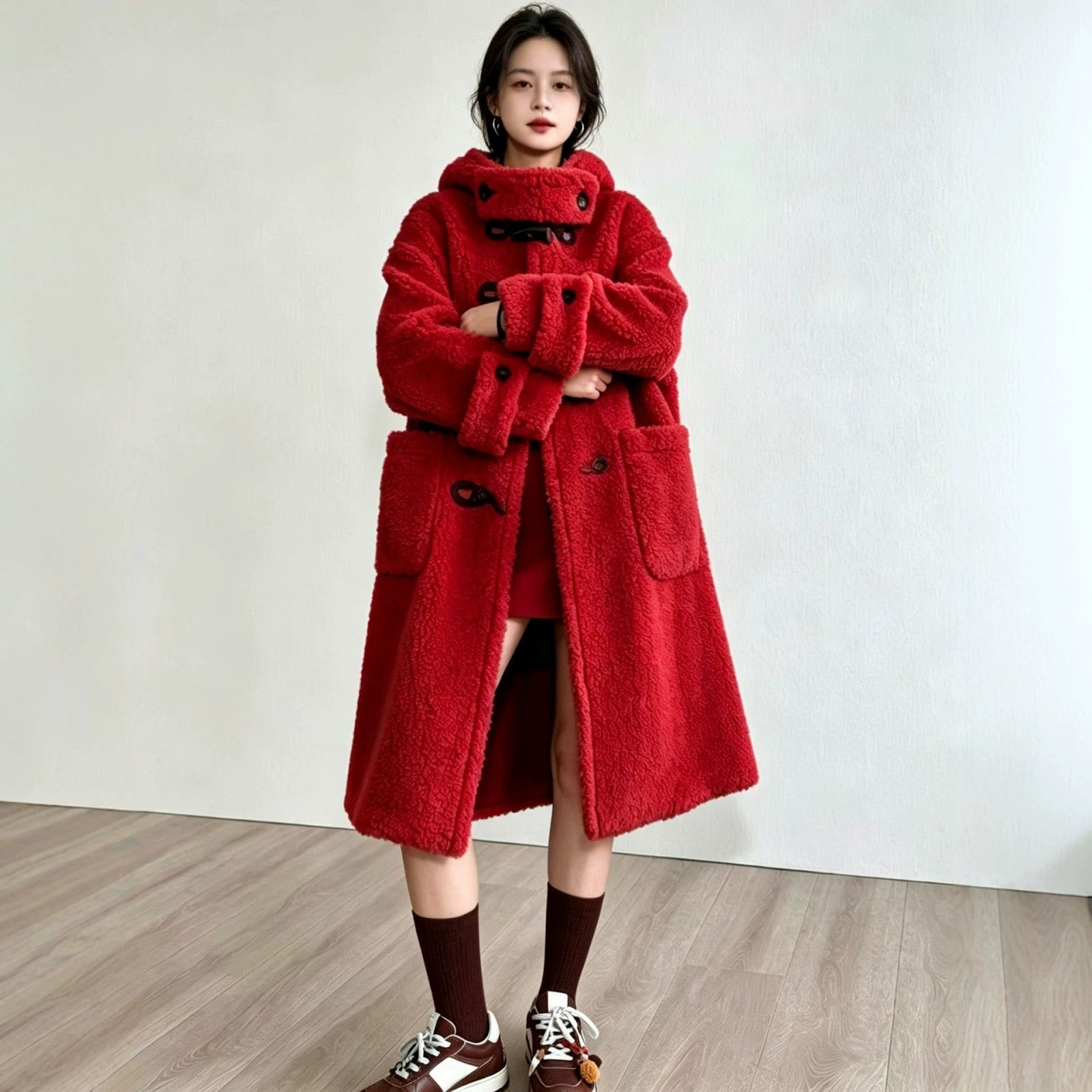 Long lamb fleece imitation coat with hood