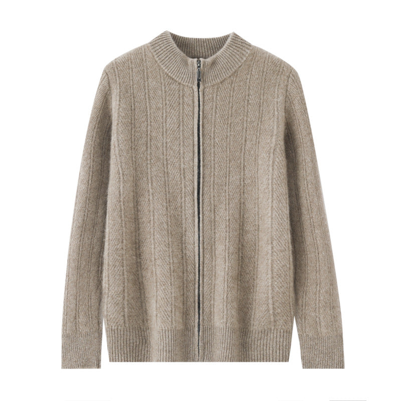 Men's wool cardigan, stand-up collar, zipper, jacquard pattern
