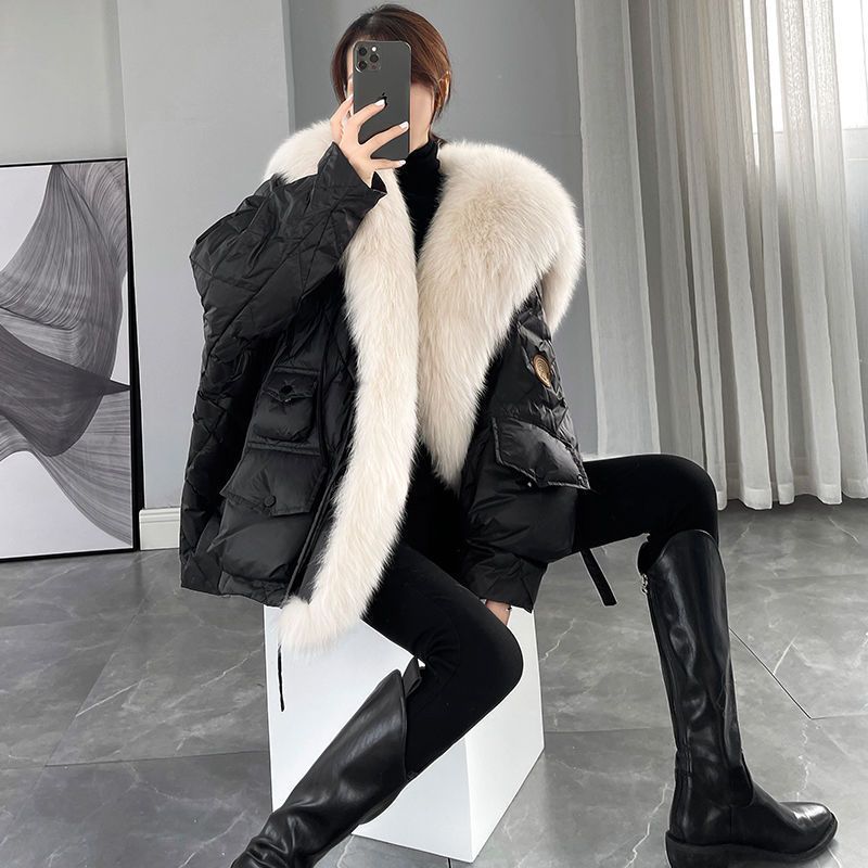 Mid-length faux fur coat with sailor collar